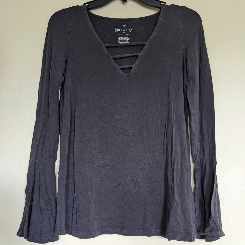 Aerie Grey Soft & Sexy Bell Sleeve Long Sleeve T-shirt